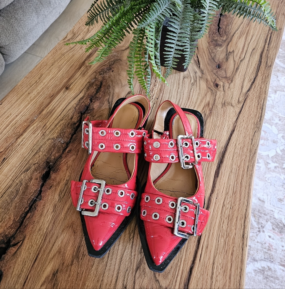 $395 Ganni Chunky Buckle Ballerina Racing Red Slingback Flats / Sandals